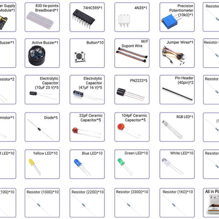 Basic Electronic Component Starter Kit with UNO R3 Breadboard LED Buzzer Resistor Capacitors