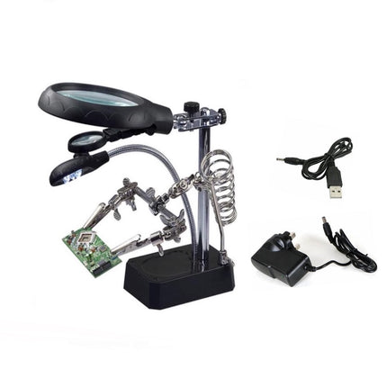 Solder Helping Hands Station LED Lamp Third Hand Repair Clamp Auxiliary Clip Stand Two Auxiliary Magnifying Glasses Lens Solder Iron Holder Stand with UK Power Adapter.
