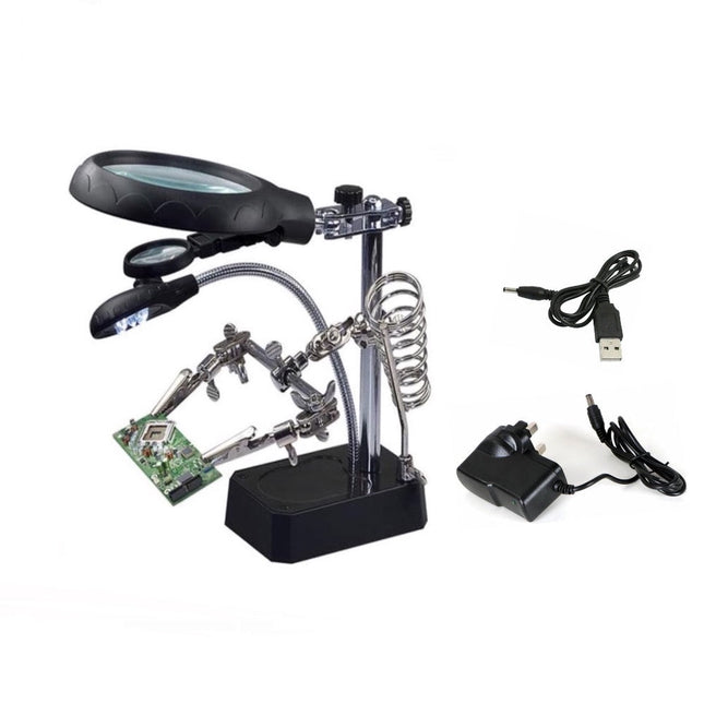 Solder Helping Hands Station LED Lamp Third Hand Repair Clamp Auxiliary Clip Stand Two Auxiliary Magnifying Glasses Lens Solder Iron Holder Stand with UK Power Adapter.