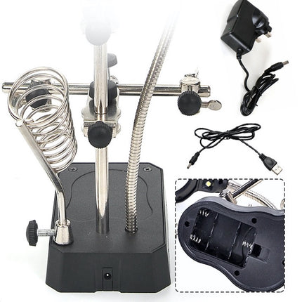 Solder Helping Hands Station LED Lamp Third Hand Repair Clamp Auxiliary Clip Stand Two Auxiliary Magnifying Glasses Lens Solder Iron Holder Stand with UK Power Adapter.