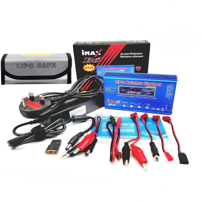 iMax B6 80W RC Lipo Battery Charger NiMh Li-ion Ni-Cd 6S RC Battery Balance Charging Discharge with Power Supply +  Lipo Safe Bag + U.K Power Lead
